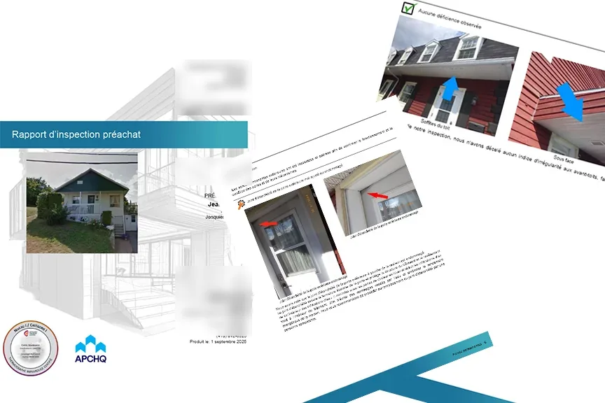 Pages d'un rapport d'inspection préachat de Structem : page couverture, photos annotées de la façade et des avant-toits